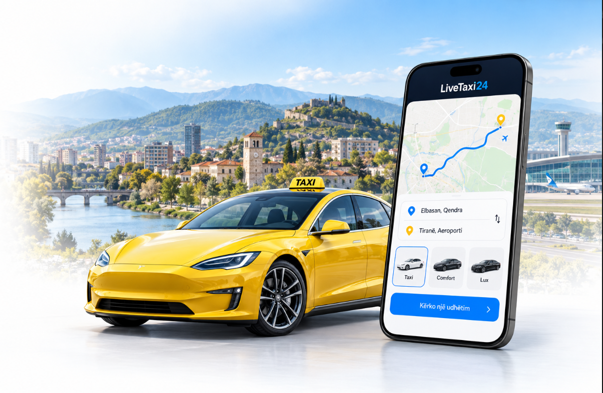 Taksi e verdhë LiveTaxi24 dhe telefoni me hartën e udhëtimit